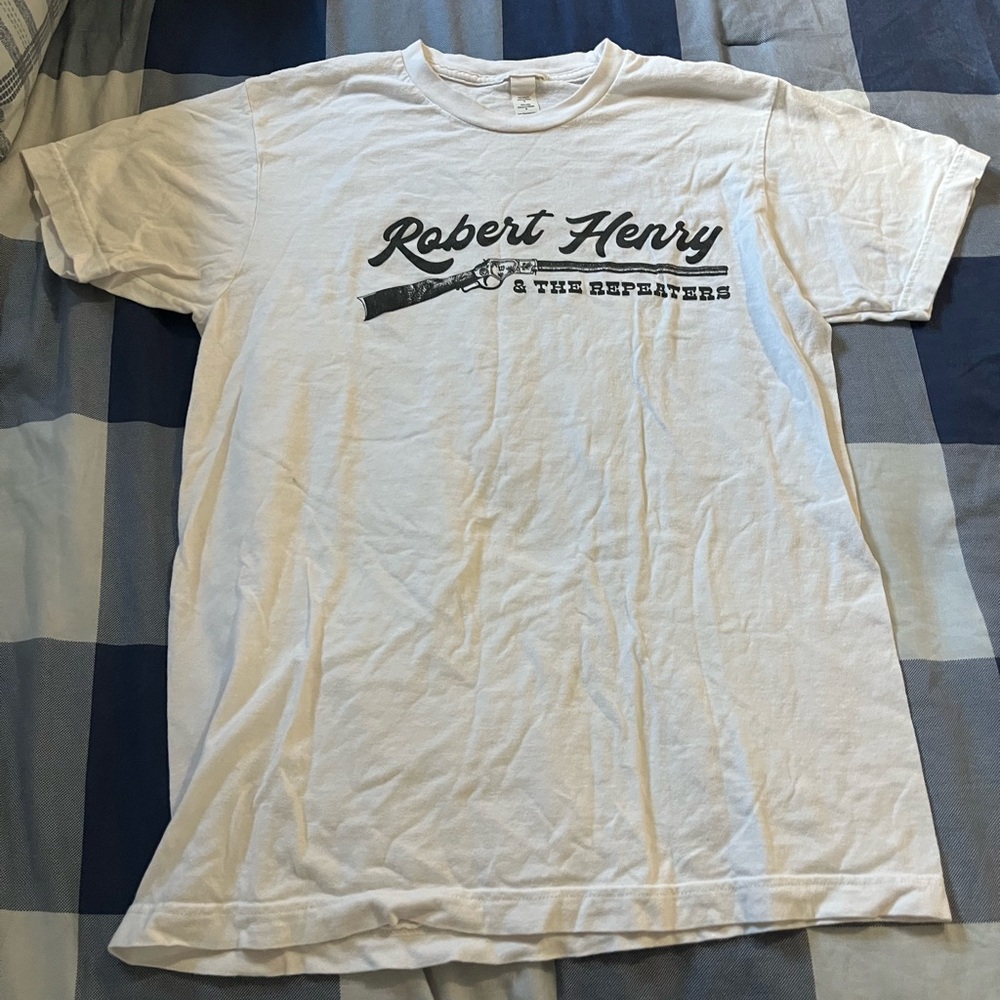 White Graphic T-Shirt with Black Print, Band Tee, Western Style